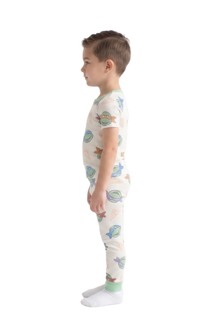 Teenage Mutant Ninja Turtles Boys 2-Piece Cotton Pajama Set, Leonardo Michelangelo Raphael Donatello Pizza Print, White/Green