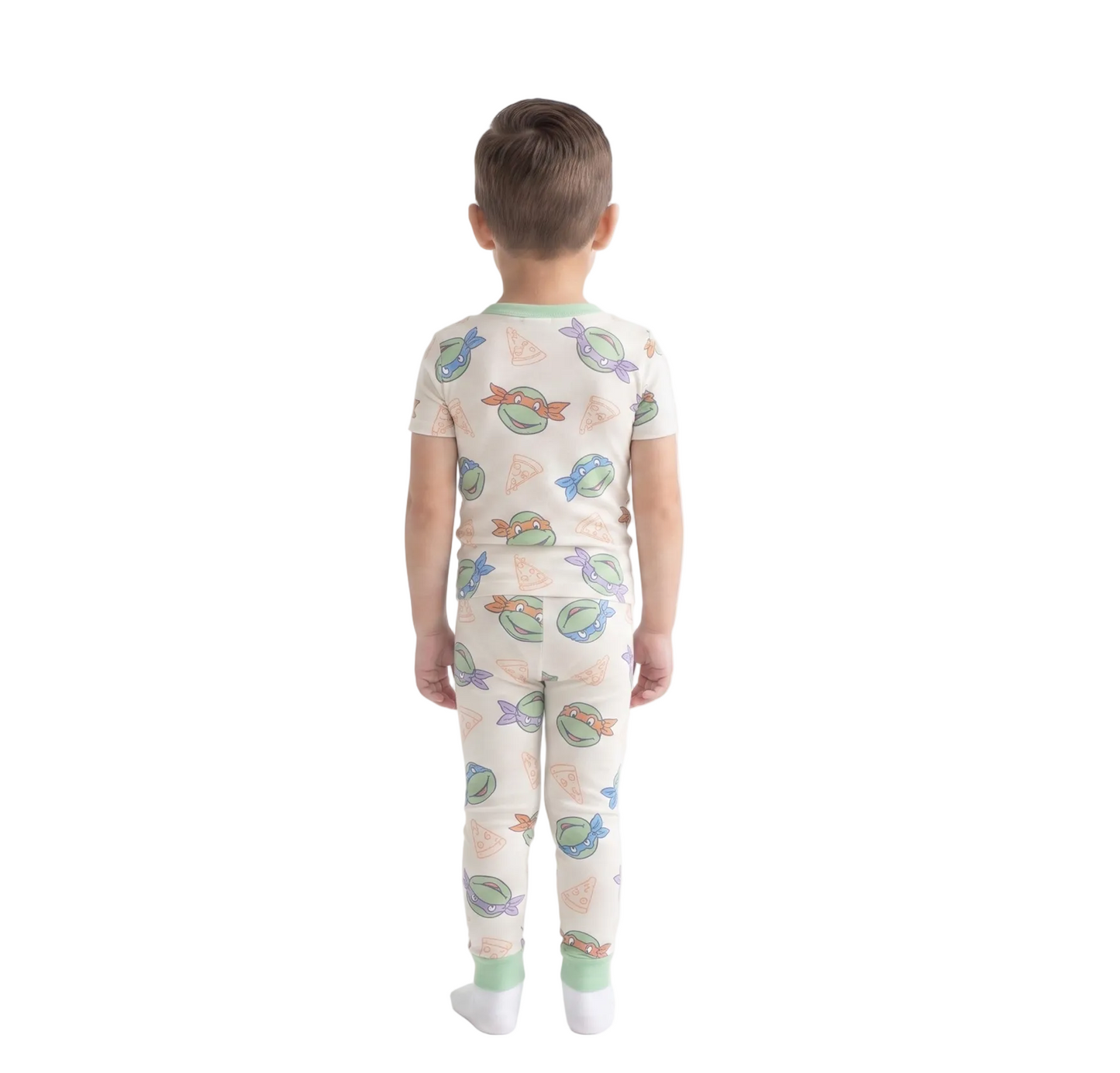 Teenage Mutant Ninja Turtles Boys 2-Piece Cotton Pajama Set, Leonardo Michelangelo Raphael Donatello Pizza Print, White/Green