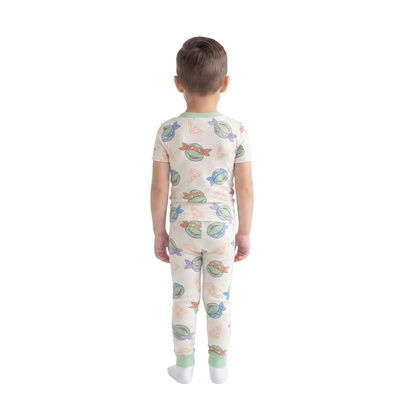 Teenage Mutant Ninja Turtles Boys 2-Piece Cotton Pajama Set, Leonardo Michelangelo Raphael Donatello Pizza Print, White/Green