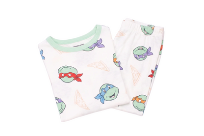 Teenage Mutant Ninja Turtles Boys 2-Piece Cotton Pajama Set, Leonardo Michelangelo Raphael Donatello Pizza Print, White/Green