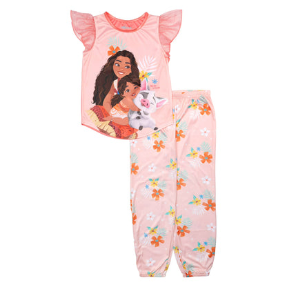 Disney Moana Girls 2-Piece Pajama Set, Short Sleeve Graphic Tee and Matching Tropical Print Pants, Teal and Coral