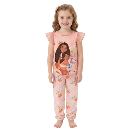 Disney Moana Girls 2-Piece Pajama Set, Short Sleeve Graphic Tee and Matching Tropical Print Pants, Teal and Coral