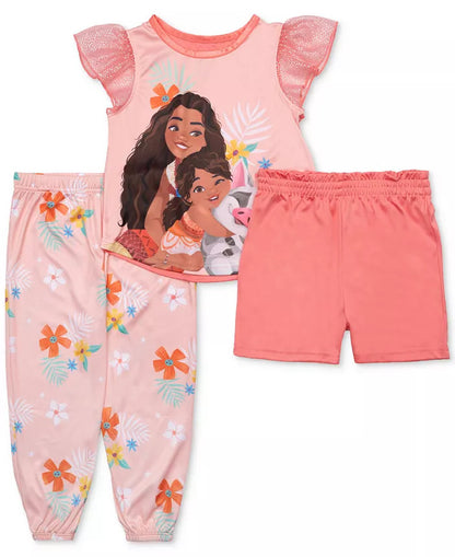 Disney Moana Toddler Girls 3-Piece Pajama Set – Short Sleeve Top, Long Pants and Shorts