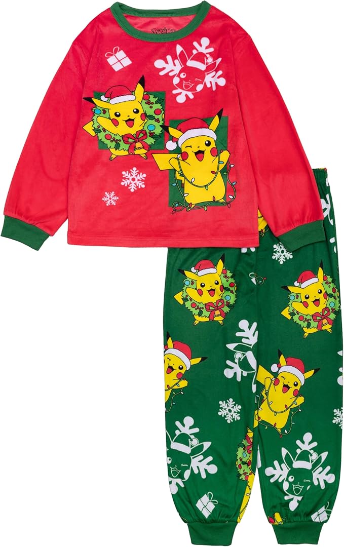 Pokémon Boys Holiday Fleece Pajama Set, Pikachu Christmas Long Sleeve Top and Pants Sleepwear Pack, Red and Green