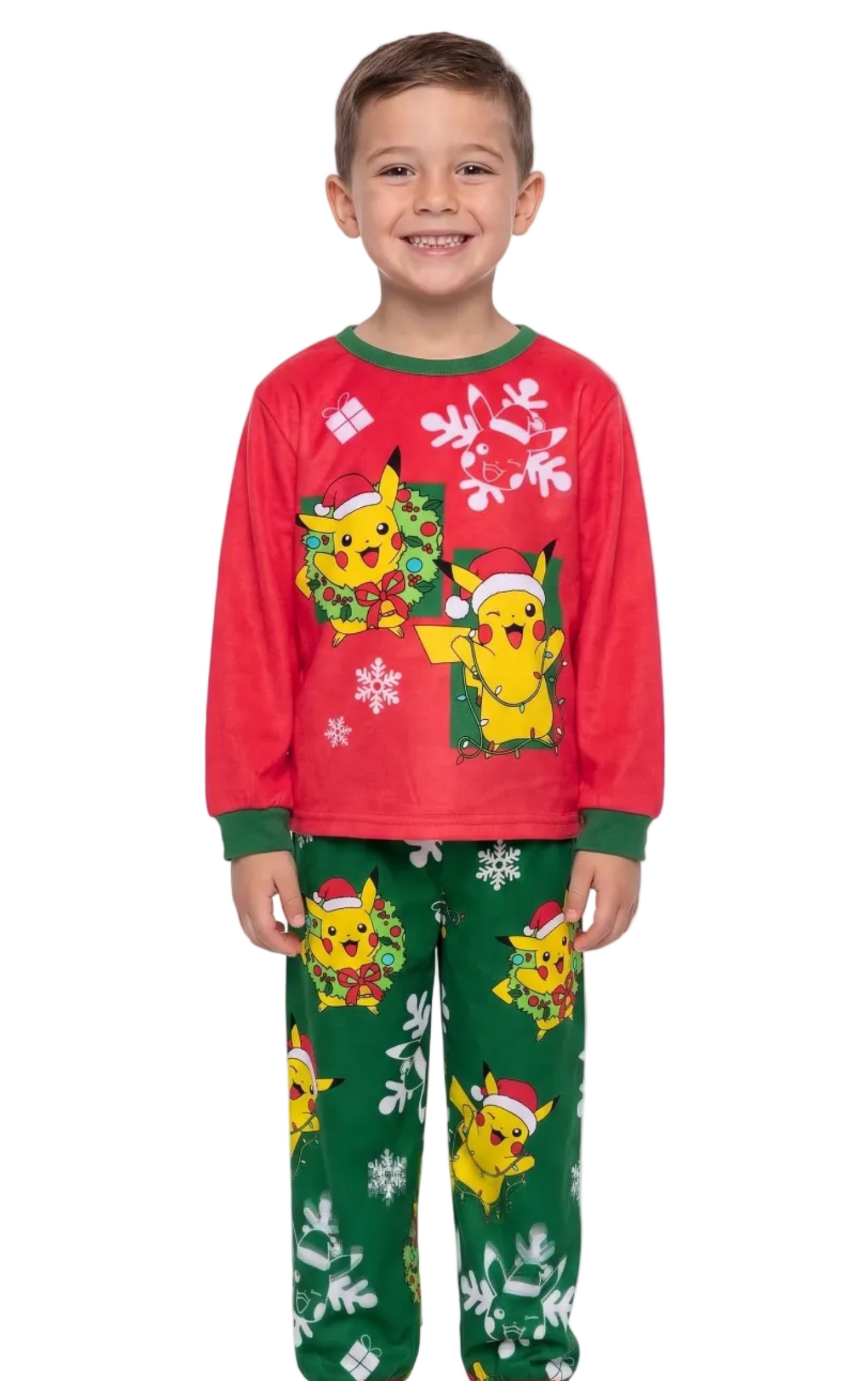 Pokémon Boys Holiday Fleece Pajama Set, Pikachu Christmas Long Sleeve Top and Pants Sleepwear Pack, Red and Green