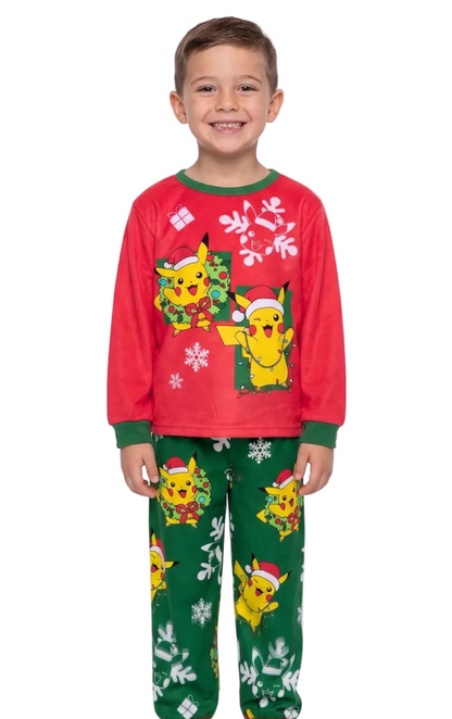 Pokémon Boys Holiday Fleece Pajama Set, Pikachu Christmas Long Sleeve Top and Pants Sleepwear Pack, Red and Green