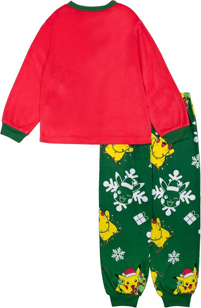 Pokémon Boys Holiday Fleece Pajama Set, Pikachu Christmas Long Sleeve Top and Pants Sleepwear Pack, Red and Green