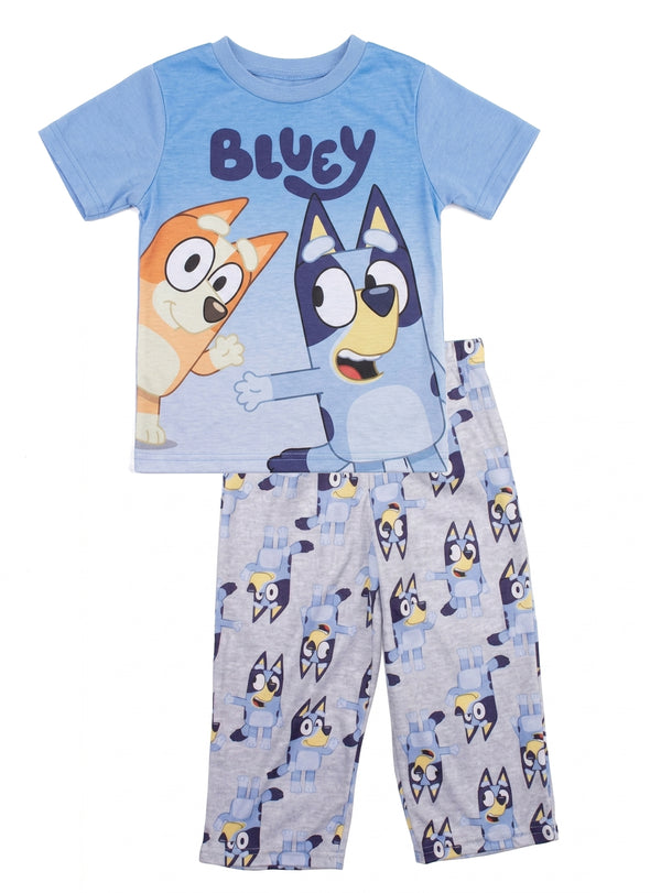 Bluey Toddler Boys 2-Piece Pajama Set Short Sleeve Blue Tee and Gray Printed Pants with Bluey and Bingo Graphics Sizes 2T 3T 4T