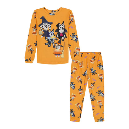 Bluey Halloween Unisex 2-Piece Cotton Pajama Set, Long Sleeve Bluey and Bingo Costume Graphic Top and Matching Pants, Orange