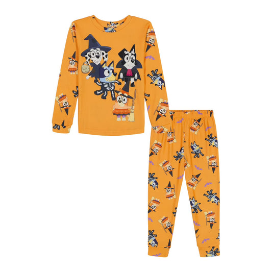 Bluey Halloween Unisex 2-Piece Cotton Pajama Set, Long Sleeve Bluey and Bingo Costume Graphic Top and Matching Pants, Orange
