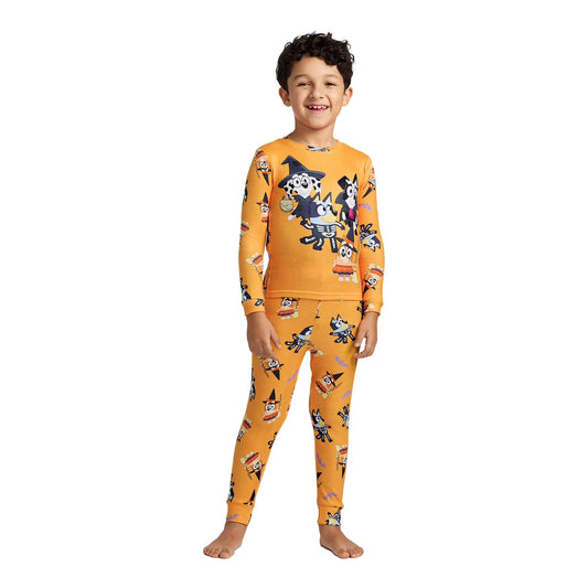 Bluey Halloween Unisex 2-Piece Cotton Pajama Set, Long Sleeve Bluey and Bingo Costume Graphic Top and Matching Pants, Orange