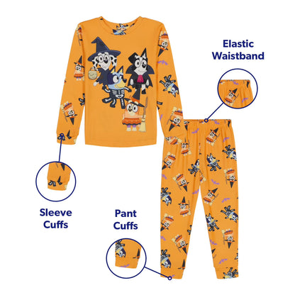 Bluey Halloween Unisex 2-Piece Cotton Pajama Set, Long Sleeve Bluey and Bingo Costume Graphic Top and Matching Pants, Orange