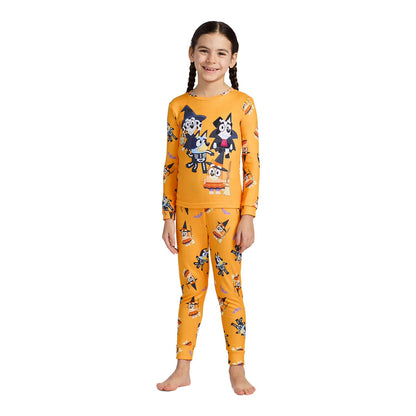 Bluey Halloween Unisex 2-Piece Cotton Pajama Set, Long Sleeve Bluey and Bingo Costume Graphic Top and Matching Pants, Orange
