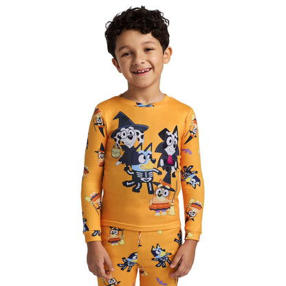 Bluey Halloween Unisex 2-Piece Cotton Pajama Set, Long Sleeve Bluey and Bingo Costume Graphic Top and Matching Pants, Orange