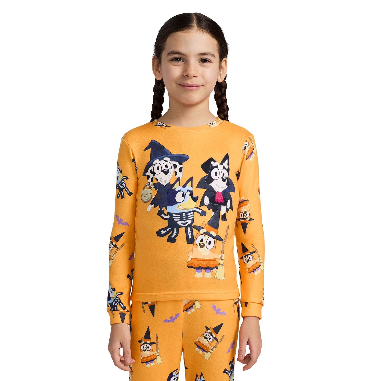 Bluey Halloween Unisex 2-Piece Cotton Pajama Set, Long Sleeve Bluey and Bingo Costume Graphic Top and Matching Pants, Orange