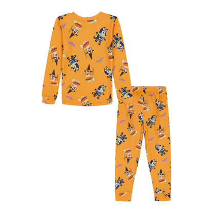 Bluey Halloween Unisex 2-Piece Cotton Pajama Set, Long Sleeve Bluey and Bingo Costume Graphic Top and Matching Pants, Orange