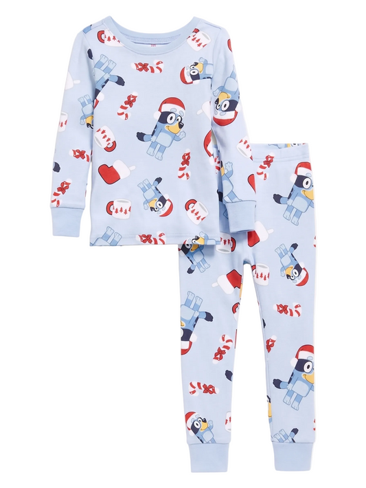 Bluey Christmas Holiday Unisex 2-Piece Cotton Pajama Set, Long Sleeve Santa Hat Bluey All-Over Print Top and Pants, Light Blue