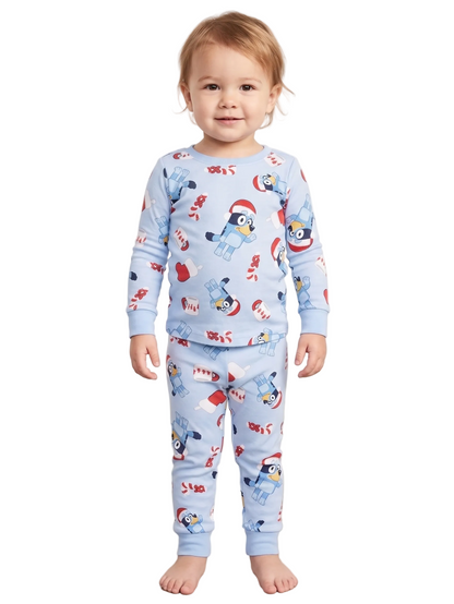 Bluey Christmas Holiday Unisex 2-Piece Cotton Pajama Set, Long Sleeve Santa Hat Bluey All-Over Print Top and Pants, Light Blue