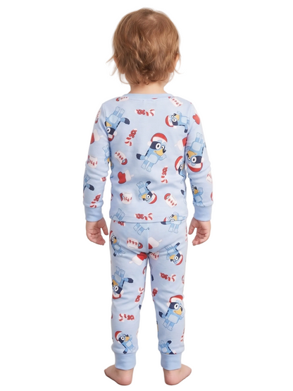 Bluey Christmas Holiday Unisex 2-Piece Cotton Pajama Set, Long Sleeve Santa Hat Bluey All-Over Print Top and Pants, Light Blue