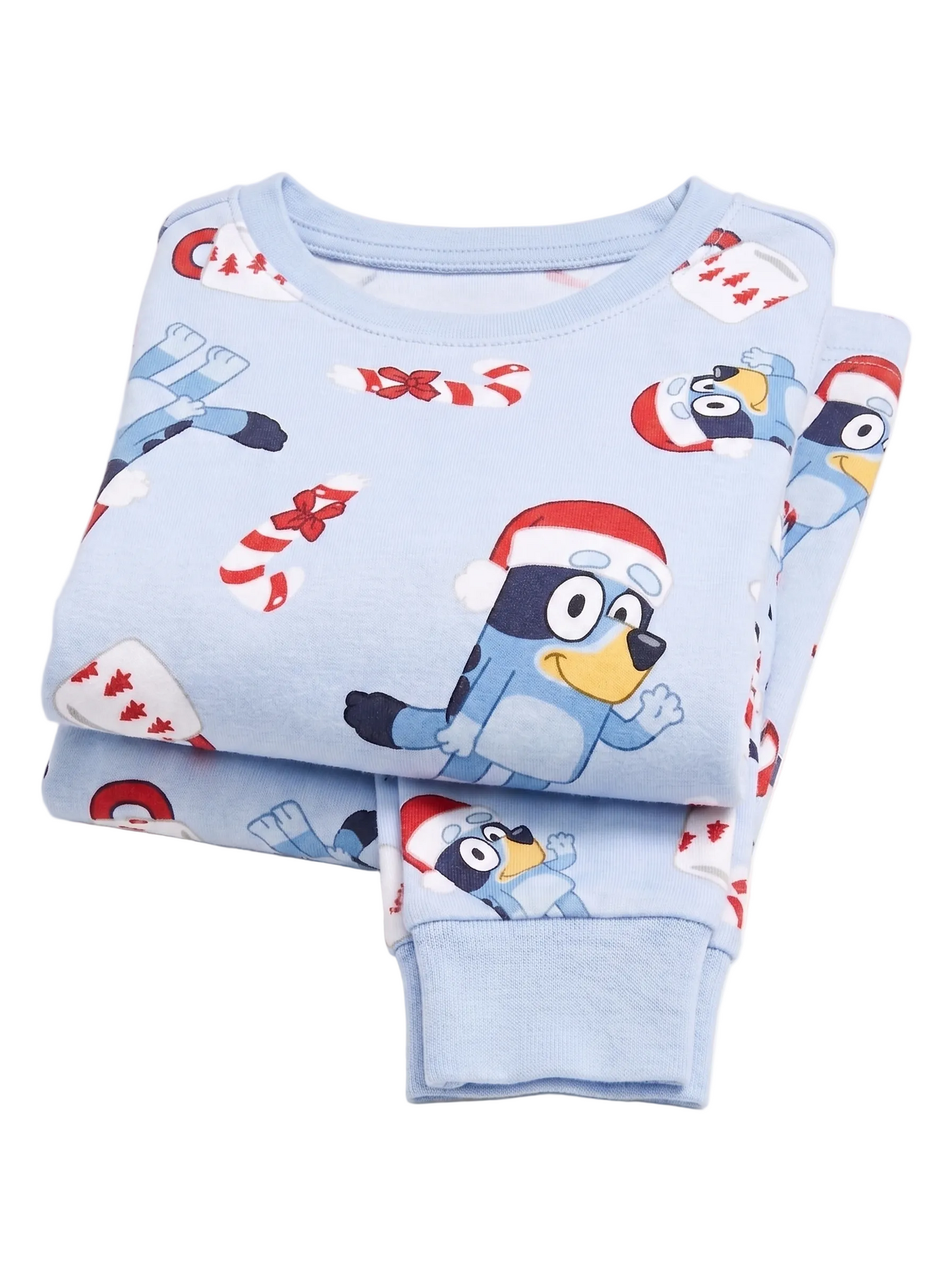 Bluey Christmas Holiday Unisex 2-Piece Cotton Pajama Set, Long Sleeve Santa Hat Bluey All-Over Print Top and Pants, Light Blue