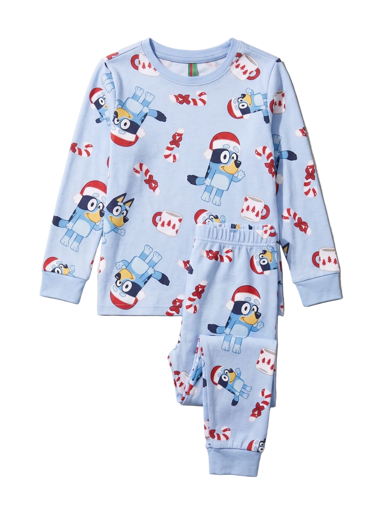 Bluey Christmas Holiday Unisex 2-Piece Cotton Pajama Set, Long Sleeve Santa Hat Bluey All-Over Print Top and Pants, Light Blue