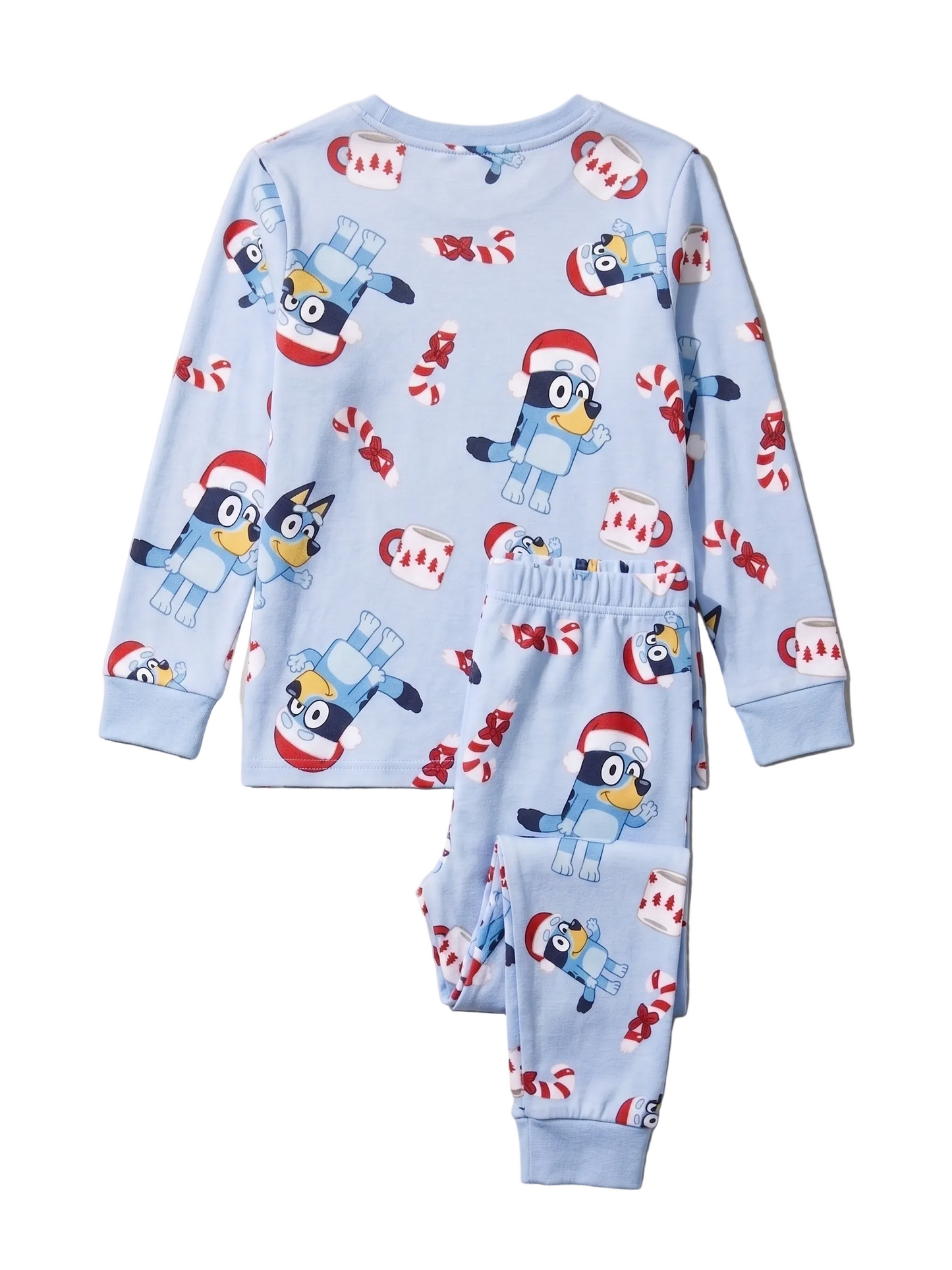 Bluey Christmas Holiday Unisex 2-Piece Cotton Pajama Set, Long Sleeve Santa Hat Bluey All-Over Print Top and Pants, Light Blue