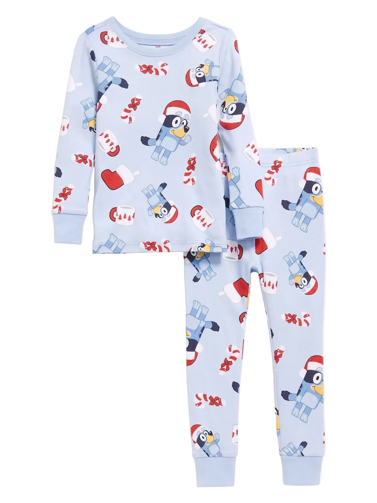 Bluey Christmas Holiday Unisex 2-Piece Cotton Pajama Set, Long Sleeve Santa Hat Bluey All-Over Print Top and Pants, Light Blue