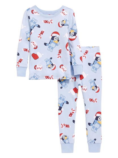 Bluey Christmas Holiday Unisex 2-Piece Cotton Pajama Set, Long Sleeve Santa Hat Bluey All-Over Print Top and Pants, Light Blue