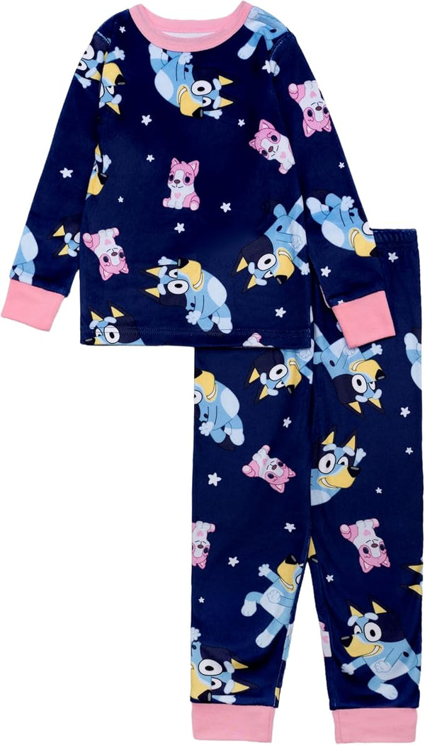 Bluey Toddler Pajama Set Long Sleeve Top and Pants Navy Star Print with Pink Trim Soft Plush Fabric Sleepwear 