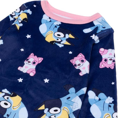 Bluey Toddler Pajama Set Long Sleeve Top and Pants Navy Star Print with Pink Trim Soft Plush Fabric Sleepwear Sizes 2T 3T 4T