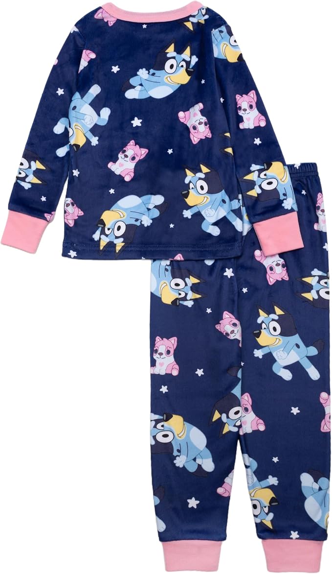 Bluey Toddler Pajama Set Long Sleeve Top and Pants Navy Star Print with Pink Trim Soft Plush Fabric Sleepwear Sizes 2T 3T 4T