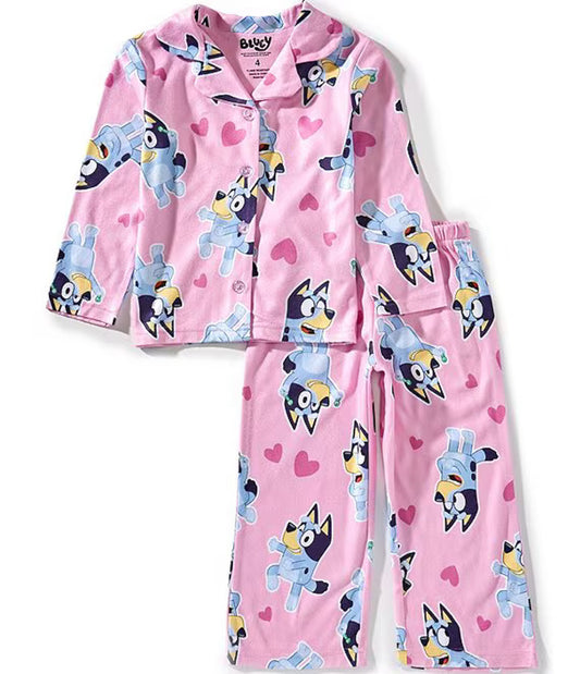 Bluey Girls 2-Piece Pajama Set – Pink Button-Up Long Sleeve Sleepwear