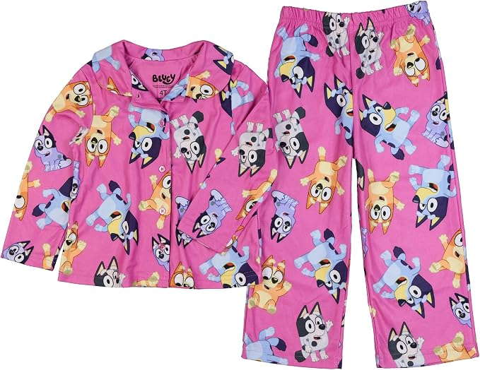 Bluey Toddler Girls Pink Button-Front Pajama Set with Long Sleeves and Pants, Character Print, Sizes 2T 3T 4T