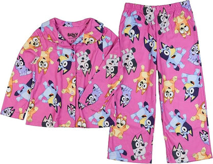 Bluey Toddler Girls Pink Button-Front Pajama Set with Long Sleeves and Pants, Character Print, Sizes 2T 3T 4T