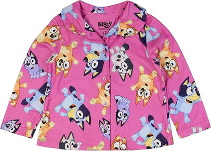 Bluey Toddler Girls Pink Button-Front Pajama Set with Long Sleeves and Pants, Character Print, Sizes 2T 3T 4T