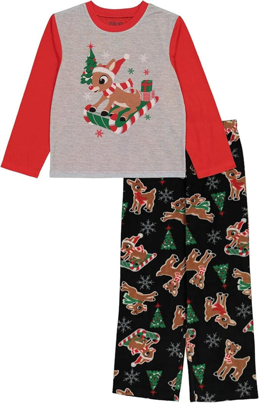 Rudolph the Red-Nosed Reindeer Boys 2-Piece Christmas Pajama Set, Long Sleeve Reindeer Sleigh Graphic Top and Fleece Pants, Gray/Red
