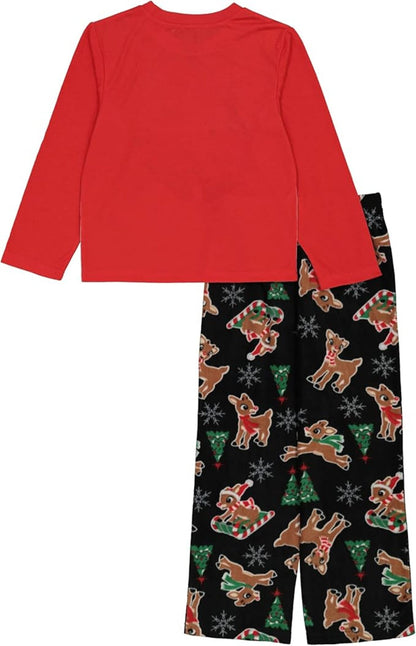 Rudolph the Red-Nosed Reindeer Boys 2-Piece Christmas Pajama Set, Long Sleeve Reindeer Sleigh Graphic Top and Fleece Pants, Gray/Red