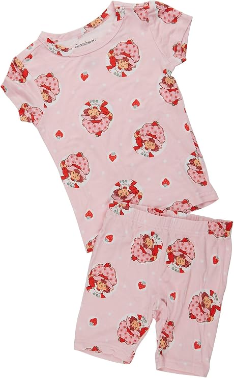 Strawberry Shortcake Girls Pajama Set, Short Sleeve Top and Shorts, Pink Strawberry Print, Sleepwear for Kids, Size 4-8