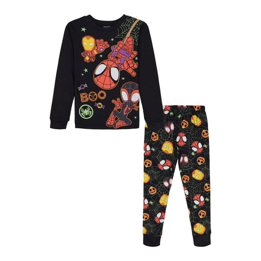 Marvel Spider-Man Halloween Boys 2-Piece Cotton Pajama Set, Spidey Ghost-Spider and Iron Man Graphic Top and Pants, Black