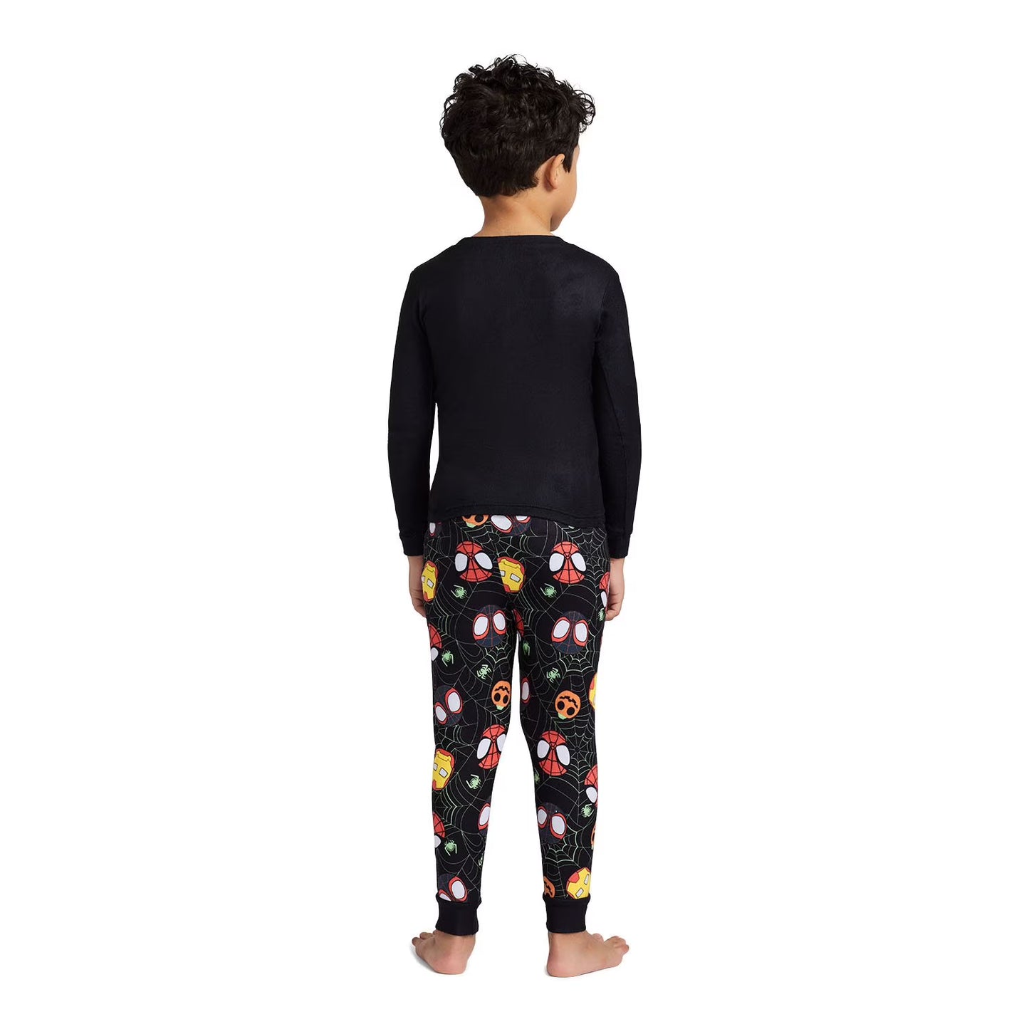 Marvel Spider-Man Halloween Boys 2-Piece Cotton Pajama Set, Spidey Ghost-Spider and Iron Man Graphic Top and Pants, Black