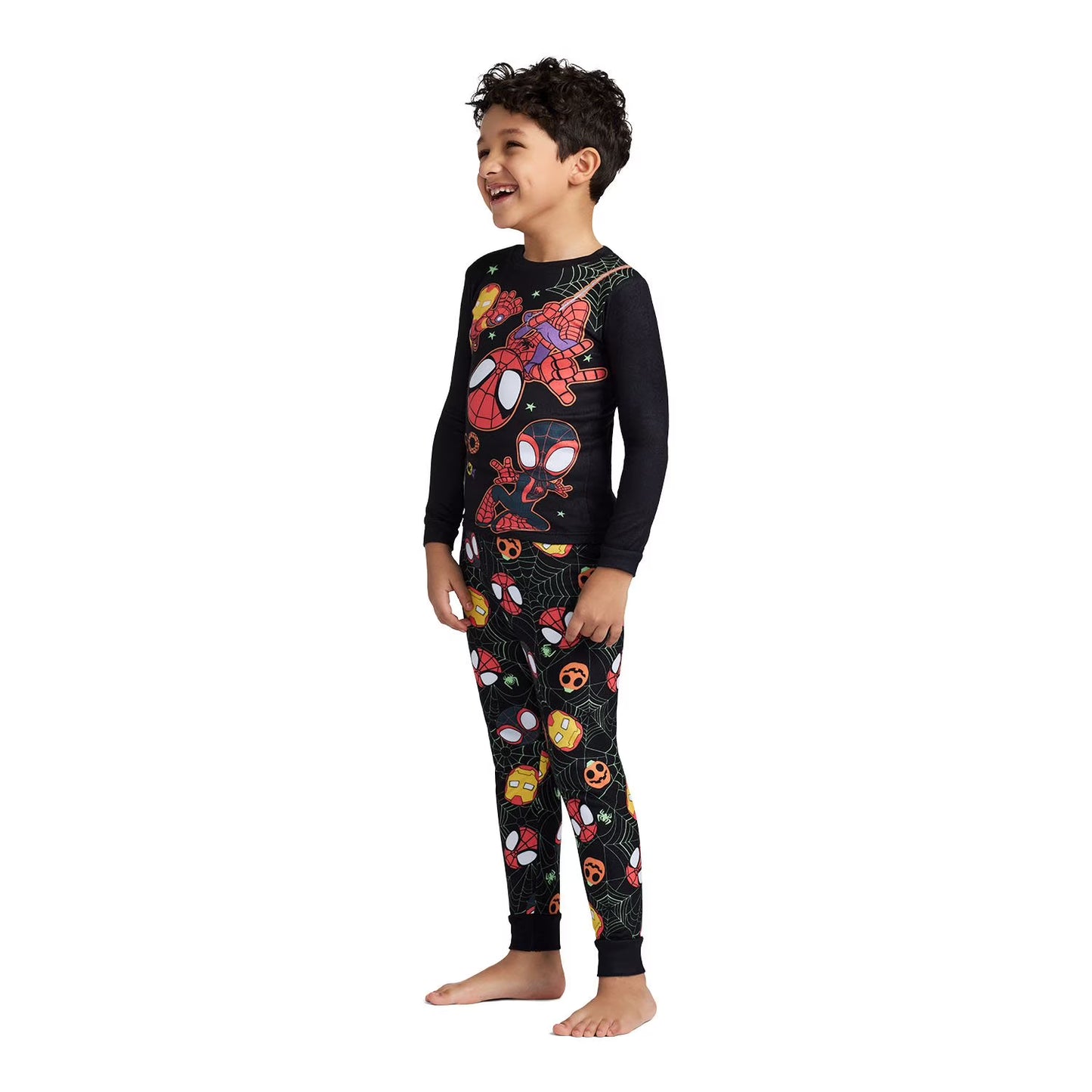 Marvel Spider-Man Halloween Boys 2-Piece Cotton Pajama Set, Spidey Ghost-Spider and Iron Man Graphic Top and Pants, Black