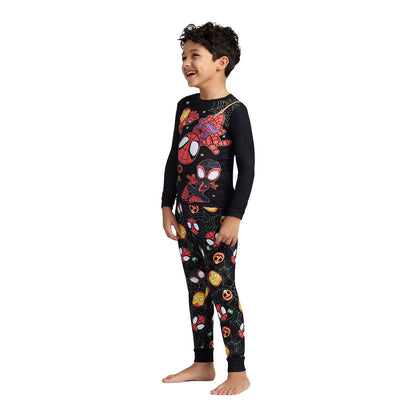 Marvel Spider-Man Halloween Boys 2-Piece Cotton Pajama Set, Spidey Ghost-Spider and Iron Man Graphic Top and Pants, Black