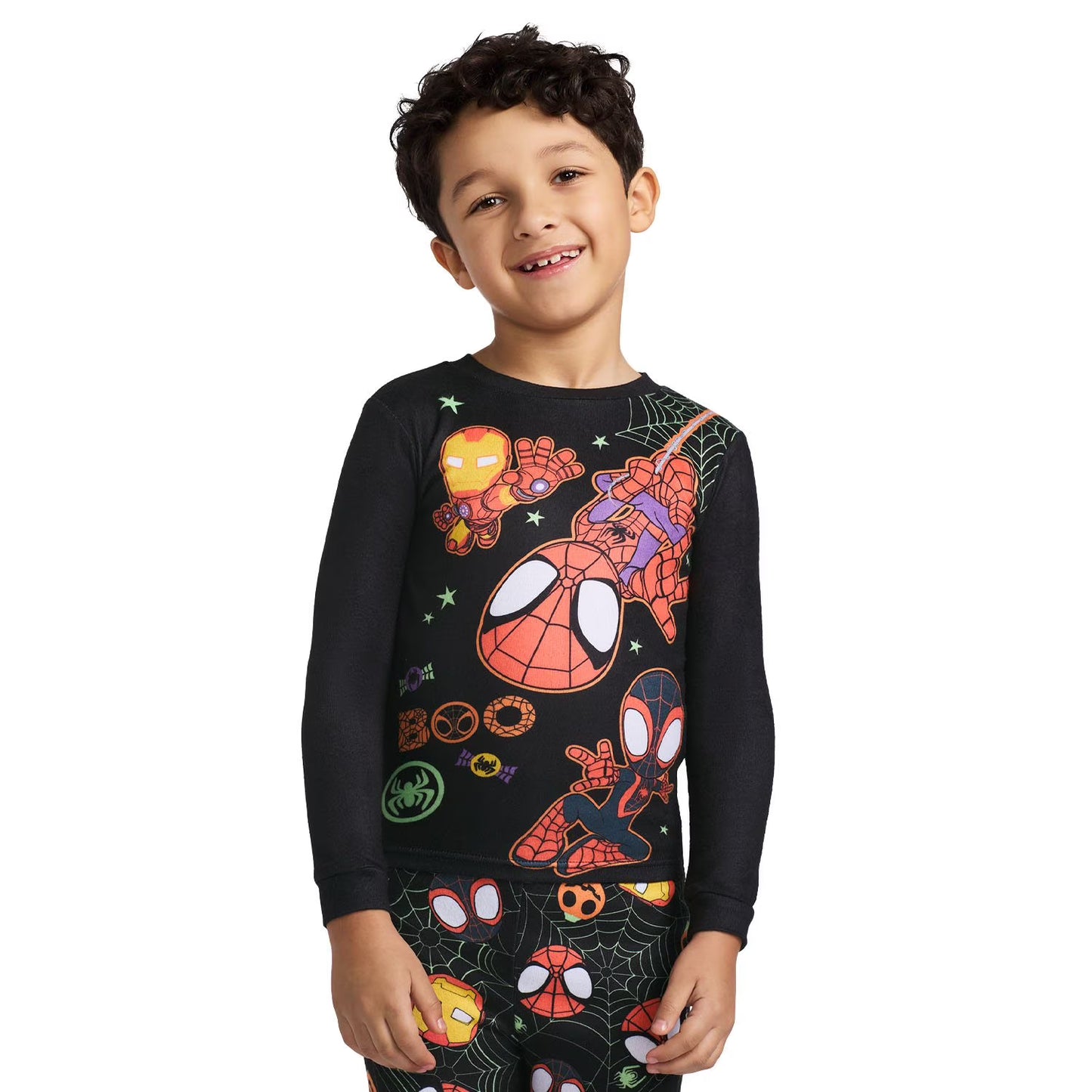 Marvel Spider-Man Halloween Boys 2-Piece Cotton Pajama Set, Spidey Ghost-Spider and Iron Man Graphic Top and Pants, Black