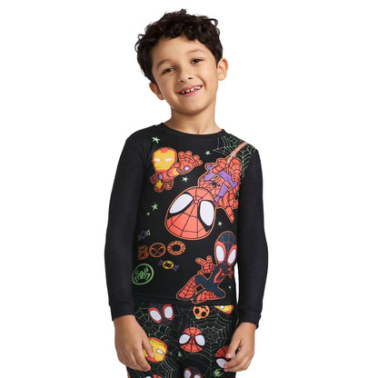 Marvel Spider-Man Halloween Boys 2-Piece Cotton Pajama Set, Spidey Ghost-Spider and Iron Man Graphic Top and Pants, Black