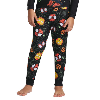 Marvel Spider-Man Halloween Boys 2-Piece Cotton Pajama Set, Spidey Ghost-Spider and Iron Man Graphic Top and Pants, Black
