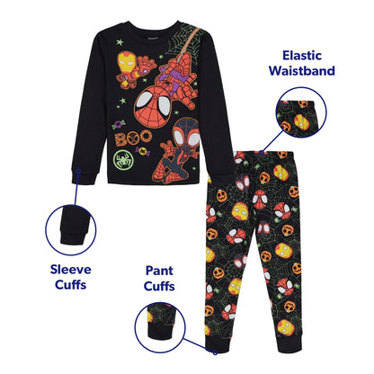 Marvel Spider-Man Halloween Boys 2-Piece Cotton Pajama Set, Spidey Ghost-Spider and Iron Man Graphic Top and Pants, Black