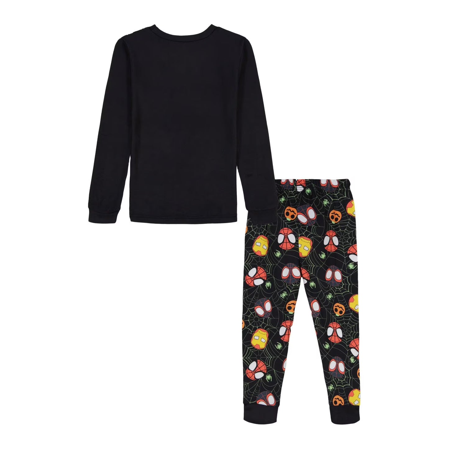 Marvel Spider-Man Halloween Boys 2-Piece Cotton Pajama Set, Spidey Ghost-Spider and Iron Man Graphic Top and Pants, Black
