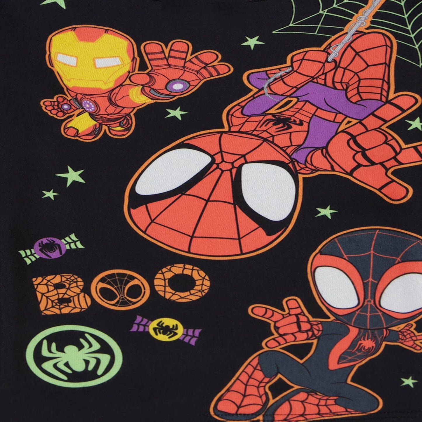 Marvel Spider-Man Halloween Boys 2-Piece Cotton Pajama Set, Spidey Ghost-Spider and Iron Man Graphic Top and Pants, Black