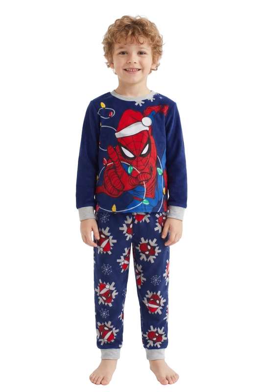 Marvel Spider-Man Boys 2-Piece Christmas Pajama Fleece Set, Long Sleeve Santa Hat Spidey and Holiday Lights Graphic Top and Pants, Navy Blue