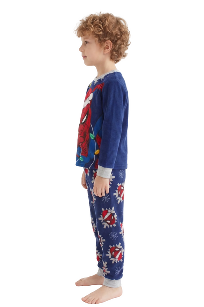 Marvel Spider-Man Boys 2-Piece Christmas Pajama Fleece Set, Long Sleeve Santa Hat Spidey and Holiday Lights Graphic Top and Pants, Navy Blue